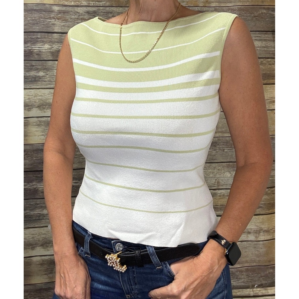 Willi Smith Knit Tank Top M Medium Sage Green White Striped Boat Neck Shell